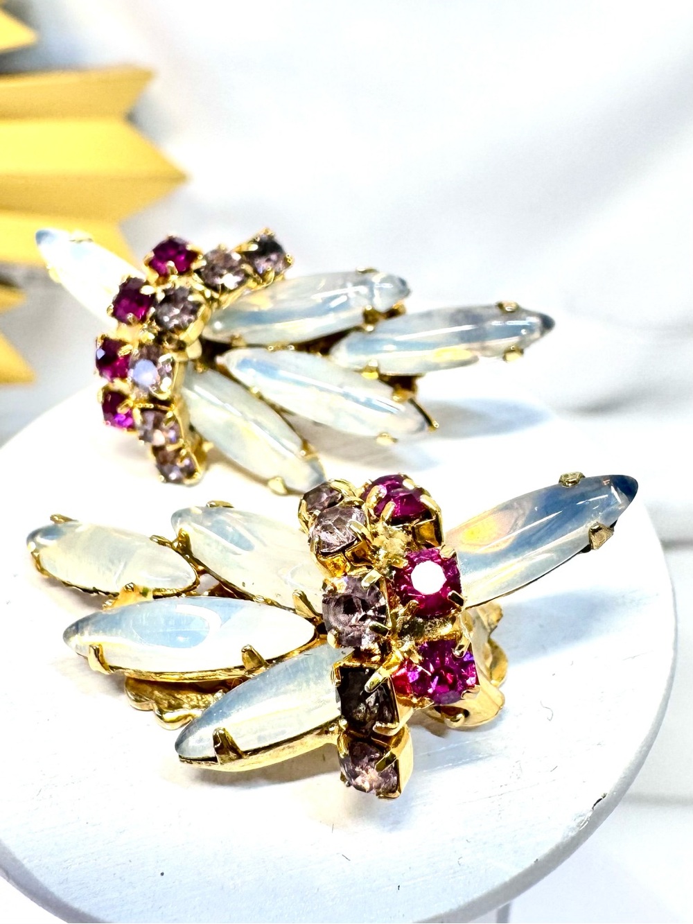 Vintage Opalescent and Pink Crystal Clip-On Earrings- exquisite!!